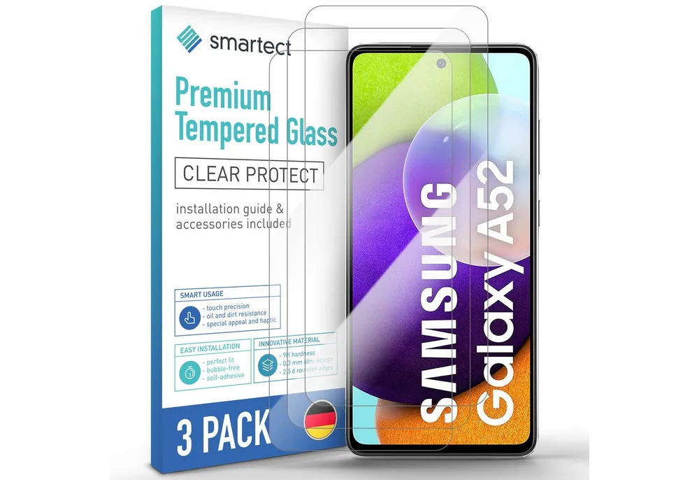 smartect Displayschutzglas Schutzglas Panzerfolie Klar für Galaxy A52 4G/ A52 5G/ A52s 5G, Set, 3 Stück, Schutzfolie Glasschutz Bildschirm