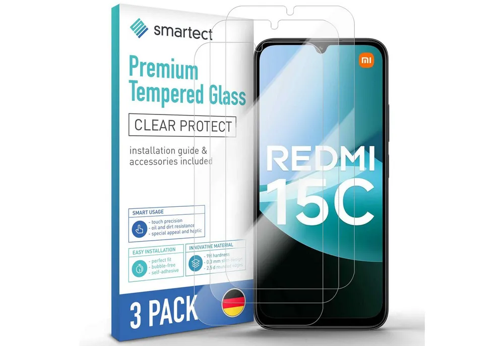 smartect Displayschutzglas Schutzglas Panzerfolie Klar für Xiaomi Redmi 15C 5G / 4G, Set, 3 Stück, Schutzfolie Glasschutz Bildschirm