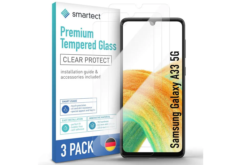smartect Displayschutzglas Schutzglas Panzerfolie Klar für Samsung Galaxy A33 5G, Set, 3 Stück, Schutzfolie Glasschutz Bildschirm