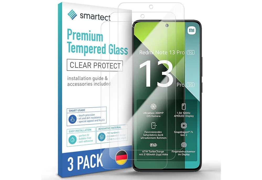 smartect Displayschutzglas Schutzglas Panzerfolie Klar für Xiaomi Redmi Note 13 Pro 5G, Set, 3 Stück, Schutzfolie Glasschutz Bildschirm