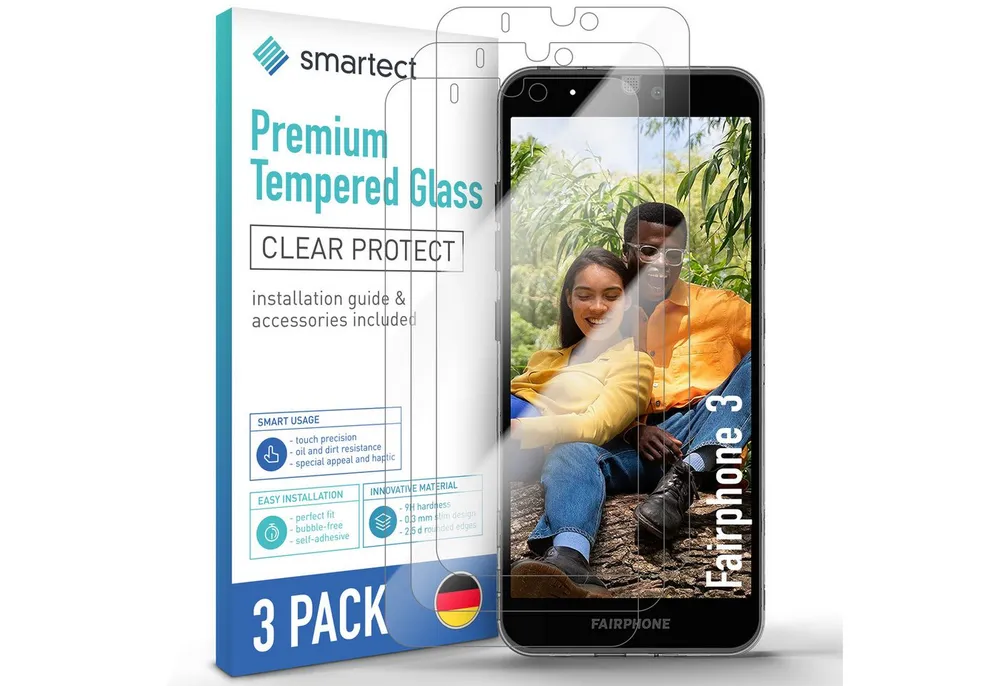 smartect Displayschutzglas Schutzglas Panzerfolie Klar für Fairphone 3, Set, 3 Stück, 9h Härte, Anti-Fingerabdruck