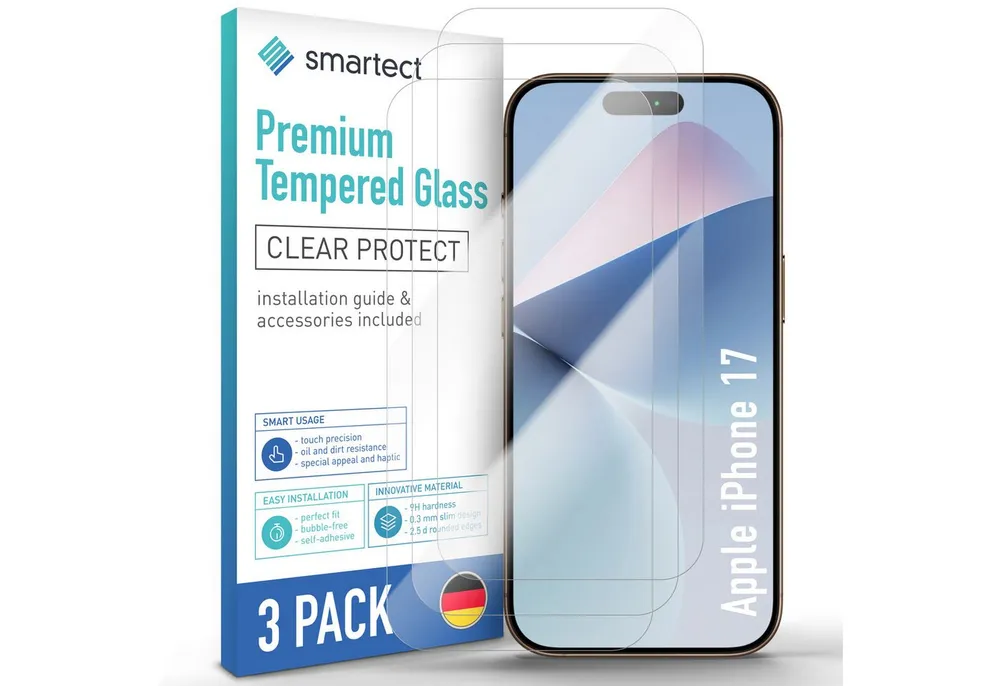 smartect Displayschutzglas Schutzglas Panzerfolie Klar für Apple iPhone 17, Set, 3 Stück, Schutzfolie Glasschutz Bildschirm
