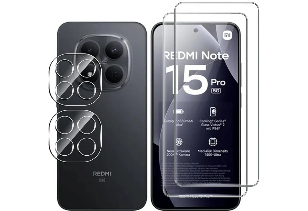 SmartUP Displayschutzglas 2X Schutzglas für Xiaomi Redmi Note 15 Pro 5G Panzerfolie Kamera Full für Für Xiaomi Redmi Note 15 Pro 5G, 4 Stück, kompletter Rundumschutz