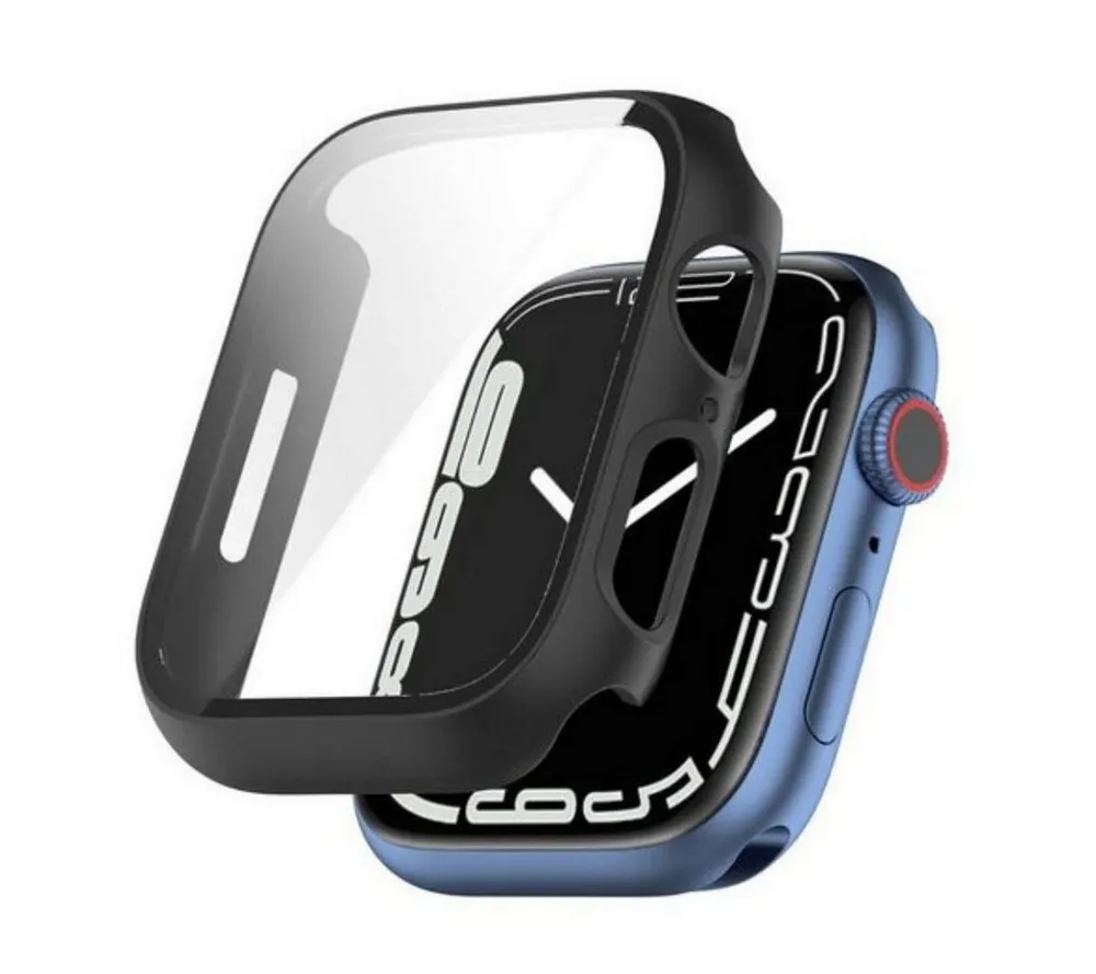 SmartUP Smartwatch-Hülle 2X Hülle für Apple Watch 7/8/9 41mm 45mm Case Display Tasche Schutz 9H, kompletter Rundumschutz