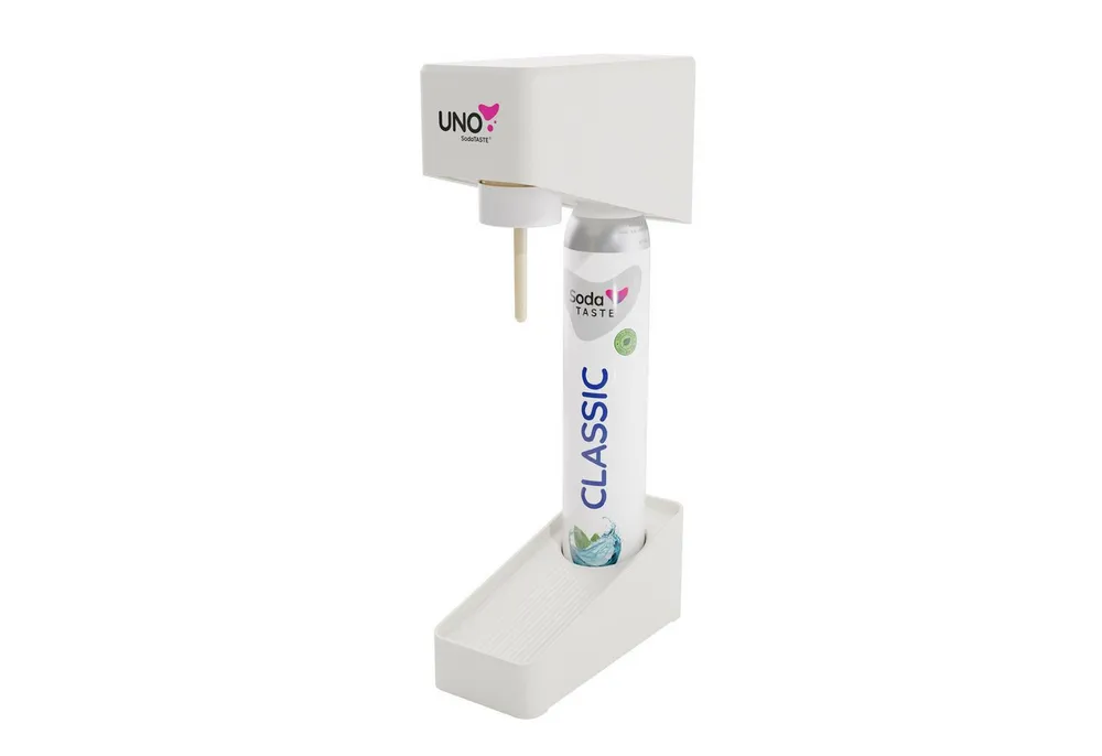 SodaTASTE Wassersprudler SodaTASTE UNO Wassersprudler Set inkl. Flasche & CO2-Zylinder, (Wassersprudler, CO₂-Zylinder, 1-Liter-Wasserflasche, Abtropfhalterung), Kompatibel mit Standard-Drehgewinde
