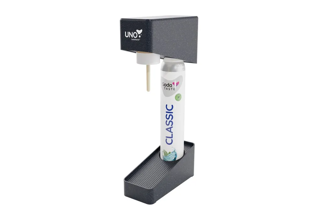 SodaTASTE Wassersprudler SodaTASTE UNO Wassersprudler Set inkl. Flasche & CO2-Zylinder, (Wassersprudler, CO₂-Zylinder, 1-Liter-Wasserflasche, Abtropfhalterung), Kompatibel mit Standard-Drehgewinde