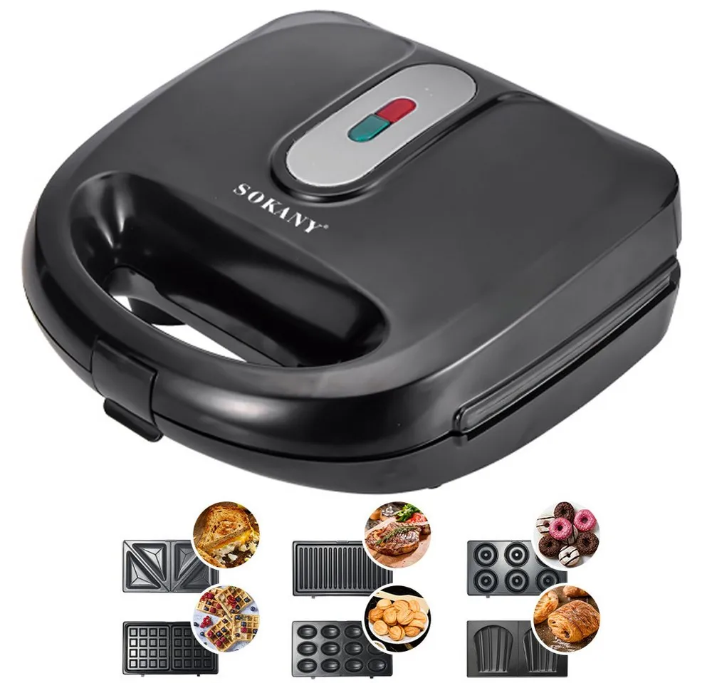 SOKANY Sandwichmaker 6-in-1 Waffel/Panini/Donut Maker, Antihaftbeschichtung, 750 W