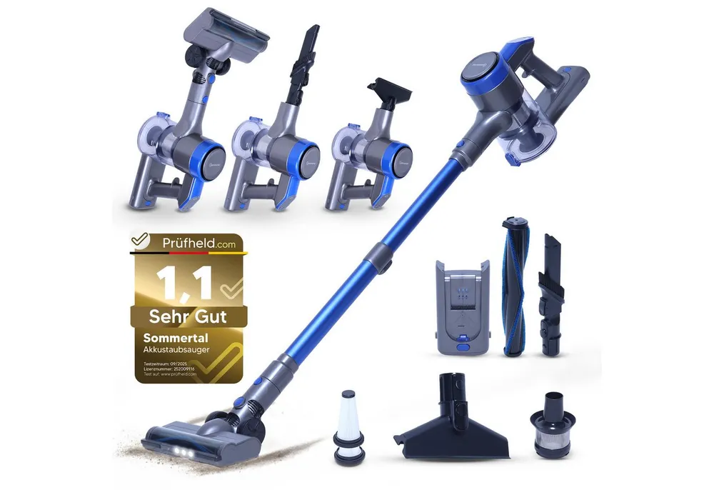 Sommertal Akku-Handstaubsauger Akku Staubsauger VARIO150 3-Stufen Turbosauger mit 45min Laufzeit, für 300m² Teppich Hartböden Tierhaare LED Akkustaubsauger