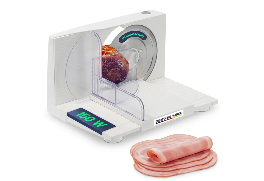 Sommertal Allesschneider AS170 150W Edelstahlmesser mit Wellenschliff, 0-15mm, klappbar, elektrische Schneidemaschine Brotschneidemaschine weiß