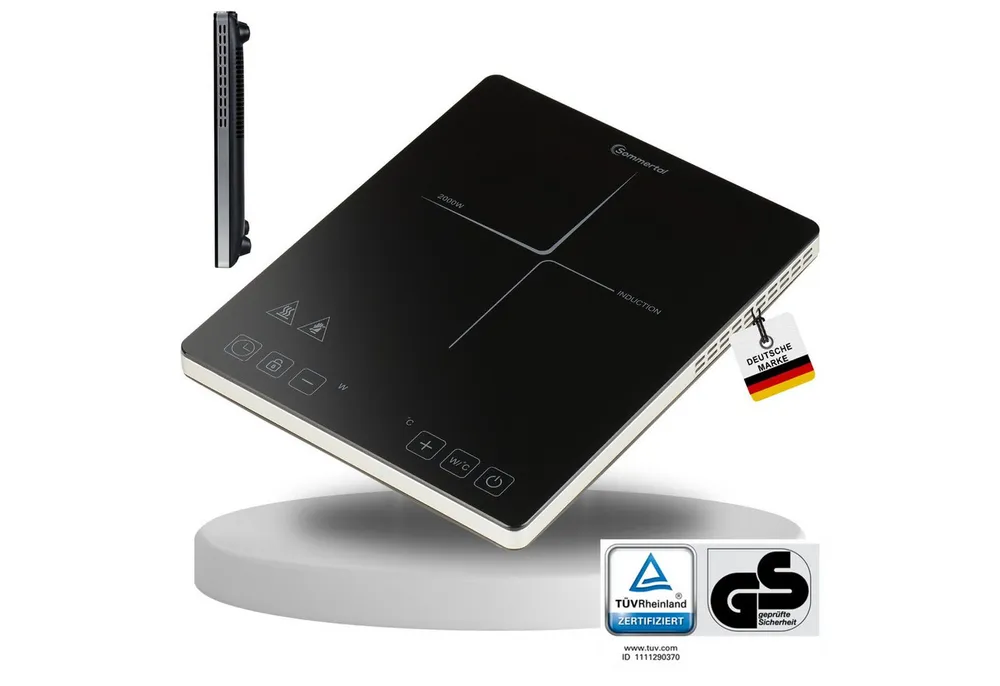 Sommertal Einzel-Induktionskochplatte Sommertal Induktionskochfeld 1 Platte 2000W Tragbar Super-Slim Design, mit 4h Timer, Touch, Kindersicherung, Profi Induktionskochplatte