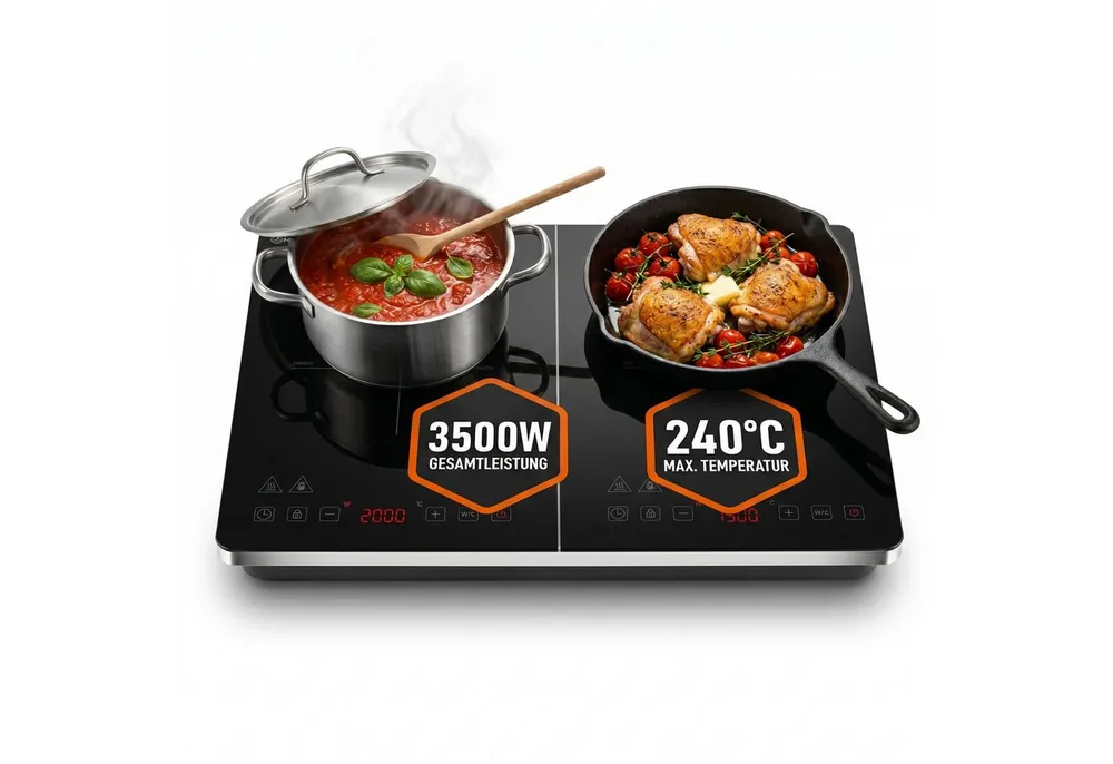Sommertal Einzel-Induktionskochplatte Sommertal Induktionskochfeld 2 platten 3500W Tragbar Super Slim, Design bis 240 °C mit 4h Timer mit Touch-Bedienung