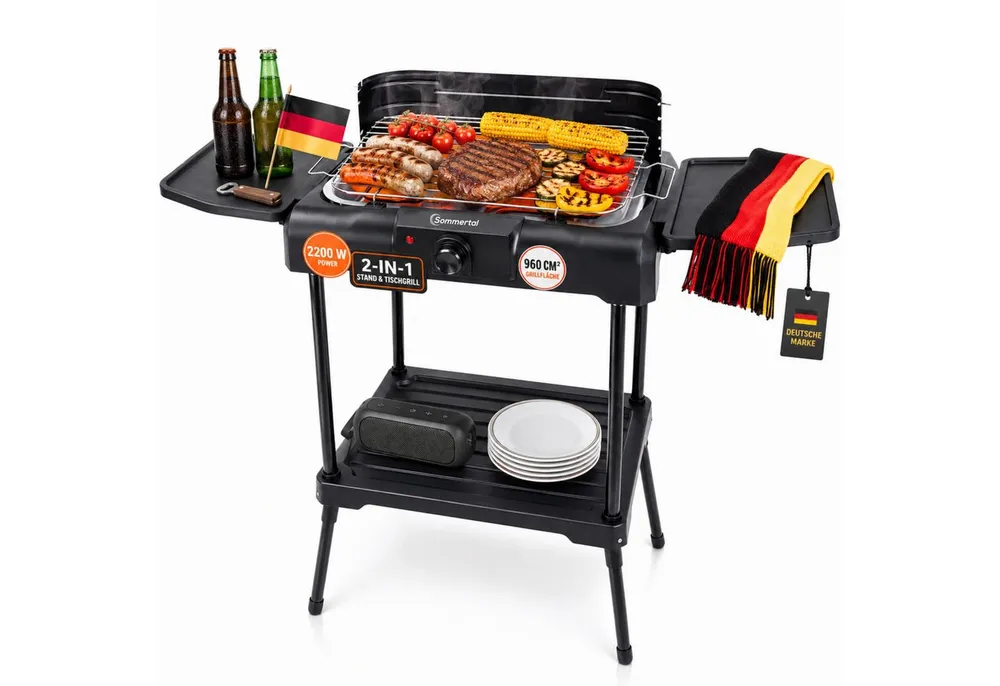 Sommertal Elektrogrill BBQ231 Elektrogrill Balkongrill 2200W Camping Grill, 2200 W, 2in1 Tischgrill mit Standfuß Stufenloser Temperaturregler