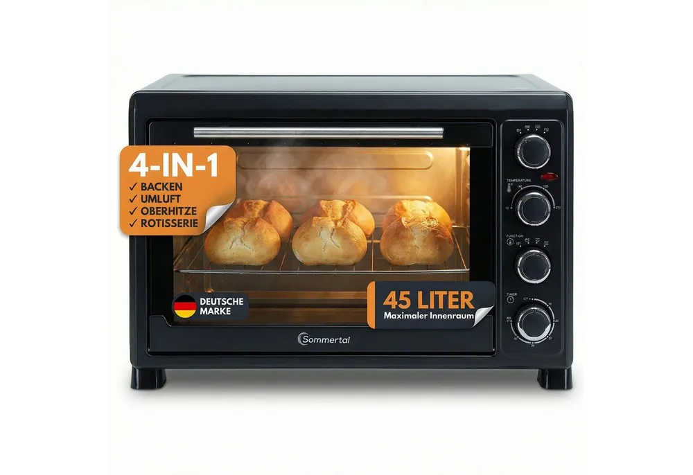 Sommertal Multiofen Sommertal Minibackofen 45L mit Drehspieß & Umluft, 2000W, Hähnchengrill, Backen, Grillen & Pizza, 45 Liter, inkl. 7-tlg Zubehör
