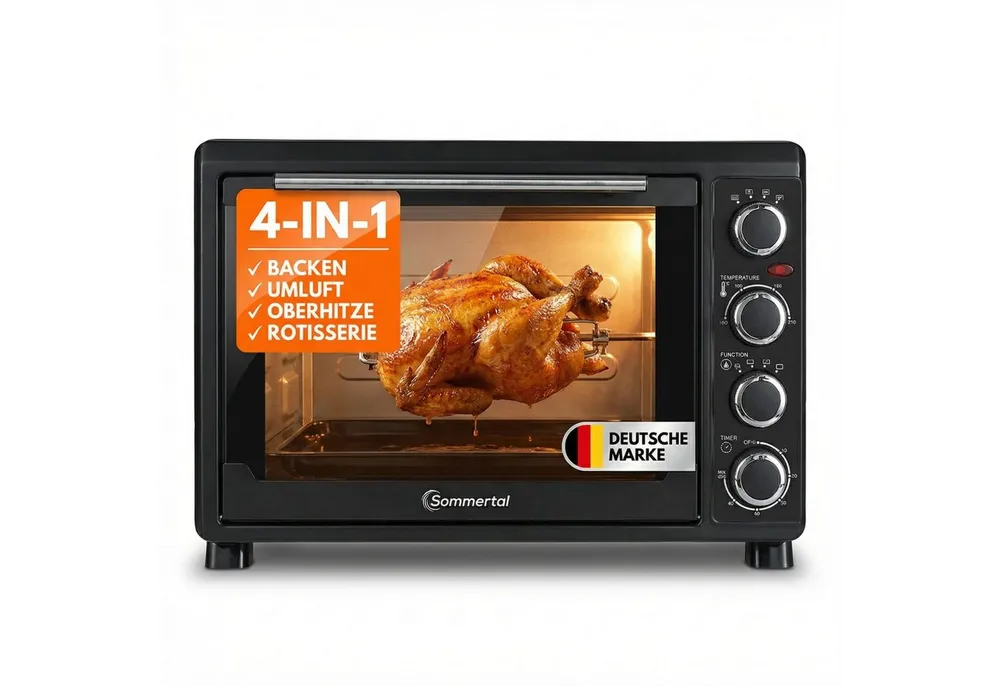 Sommertal Multiofen Sommertal Minibackofen 30 Liter mit Drehspieß & Umluft, 1500W, Hähnchengrill, Backen, Grillen & Pizza, Campingbackofen, inkl. Zubehör