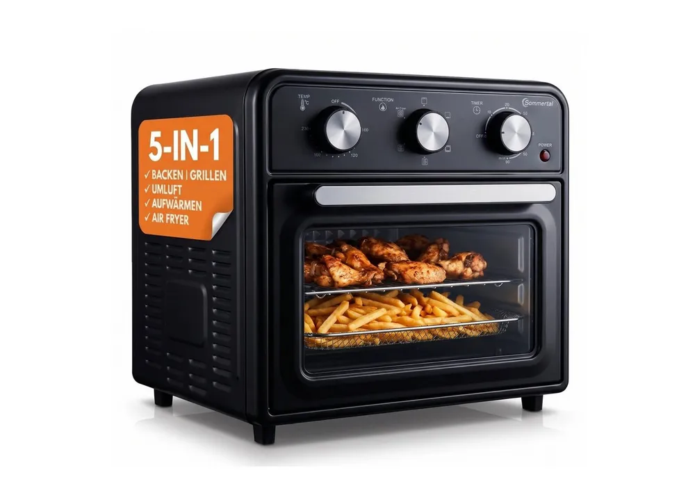 Sommertal Multiofen Sommertal Minibackofen 20 Liter mit Umluft & Heißluftfritteuse, 1800 Watt, Airfryer Funktion, 100–230°C, 60 Min. Timer