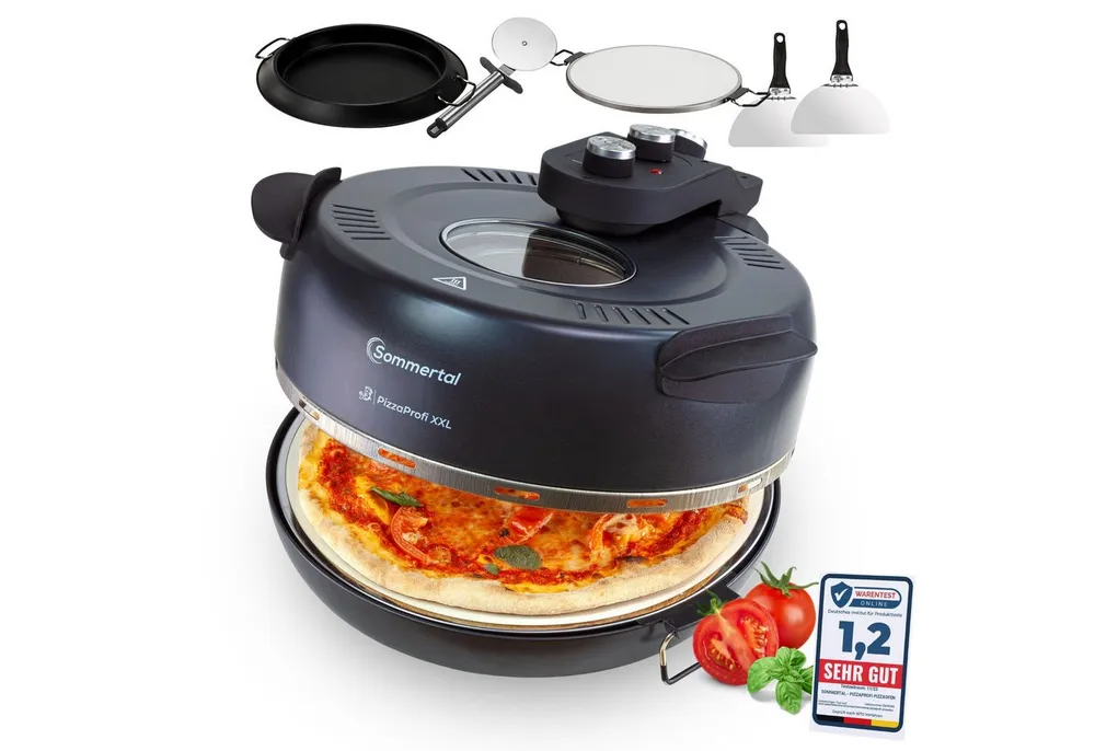 Sommertal Pizzaofen Sommertal PizzaProfi XXL Pizzaofen, 39cm Pizzastein, mit Pfanneneinsatz, 2x Pizzaschieber, Pizzaschneider, Steinplatte
