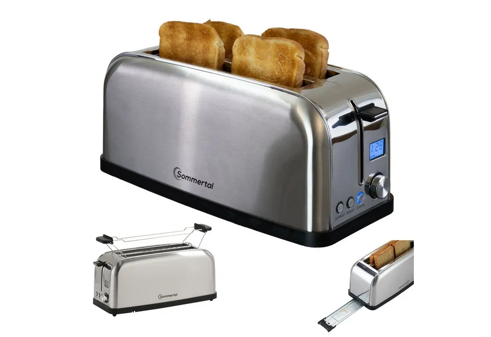 Sommertal Toaster Toaster ST1500 XXL, 4 Scheiben mit Brötchenaufsatz retro, für Für den Einsatz in der Küche geeignet., Display mit Timer und Restlaufanzeige, Langschlitztoaster Restlaufzeit