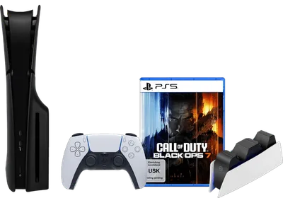 PlayStation 5 Slim mit Laufwerk + Call of Duty: Black Ops 7 + Cover Schwarz + Ladestation