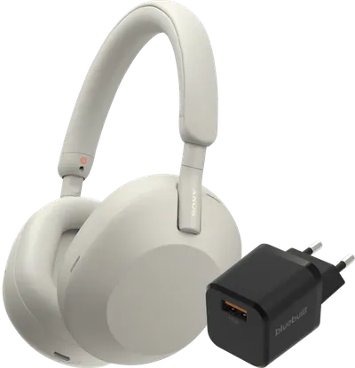 Sony WH-1000XM5 Silber + BlueBuilt Quick-Charge-Ladegerät mit USB-A-Port 18 W Schwarz