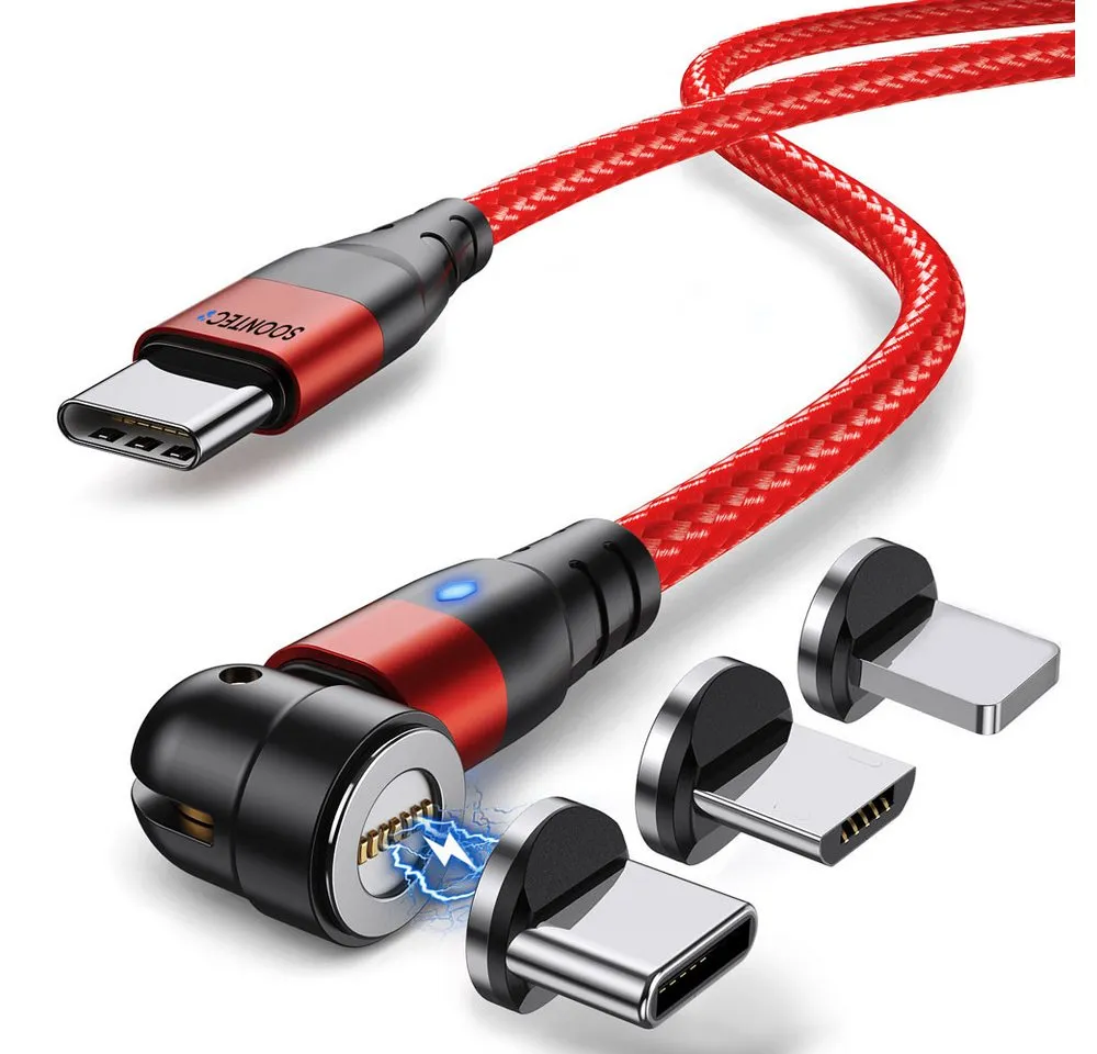 SOONTEC Magnet Ladekabel 1 Meter/ 2 Meter Fast Charge 60W PD magnetisches Ladekabel, Lightning-Geräte, USB-C-Geräte, Mikro-USB-Geräte, USB-C (200 cm), 3 in 1 Fast Charge Magnetladekabel