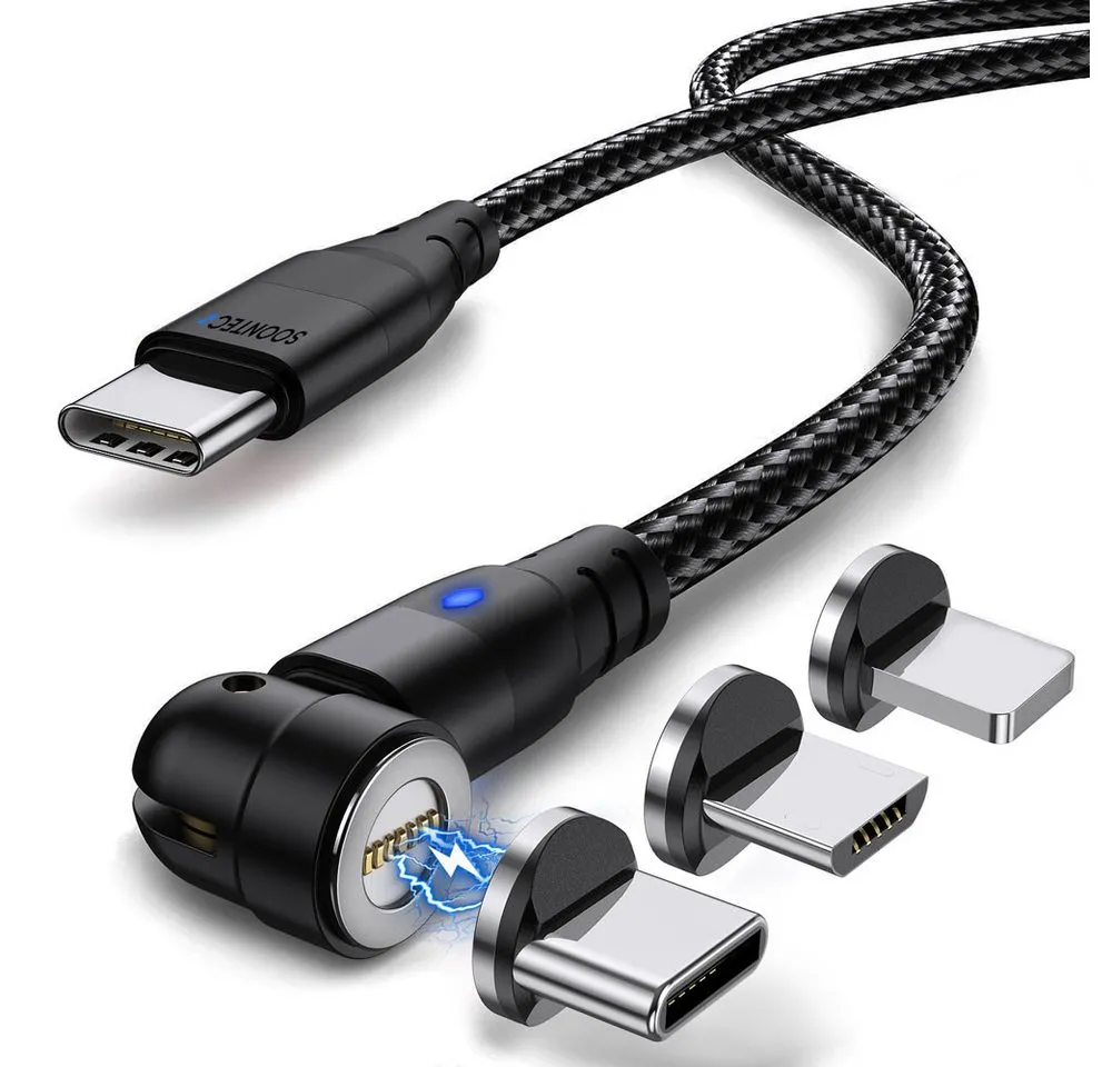 SOONTEC Magnet Ladekabel 1 Meter/ 2 Meter Fast Charge 60W PD magnetisches Ladekabel, Lightning-Geräte, USB-C-Geräte, Mikro-USB-Geräte, USB-C (100 cm), 3 in 1 Fast Charge Magnetladekabel