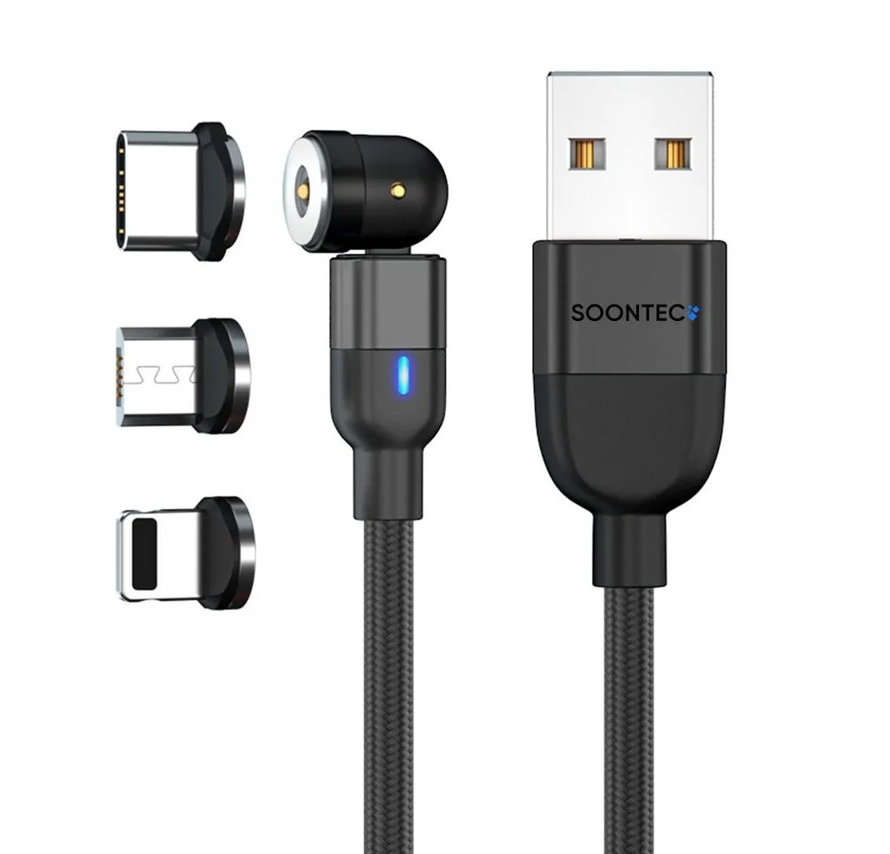 SOONTEC Magnet Ladekabel SOONTEC 0,5m-6,5m Micro USB/USB-C/Lightning 2,4A/3,0A magnetisches Ladekabel, Lightning, Micro-USB, USB-C, Lightning, USB-C, Micro-USB (100 cm), drehbar 360°&180°