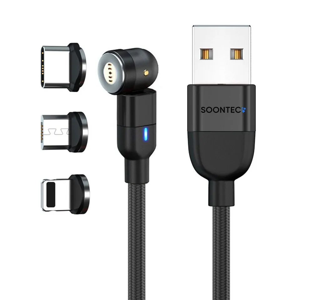 SOONTEC Magnet Ladekabel SOONTEC 0,5m-6,5m Micro USB/USB-C/Lightning 2,4A/3,0A magnetisches Ladekabel, Lightning, Micro-USB, USB-C, Lightning, USB-C, Micro-USB (100 cm), drehbar 360°&180°