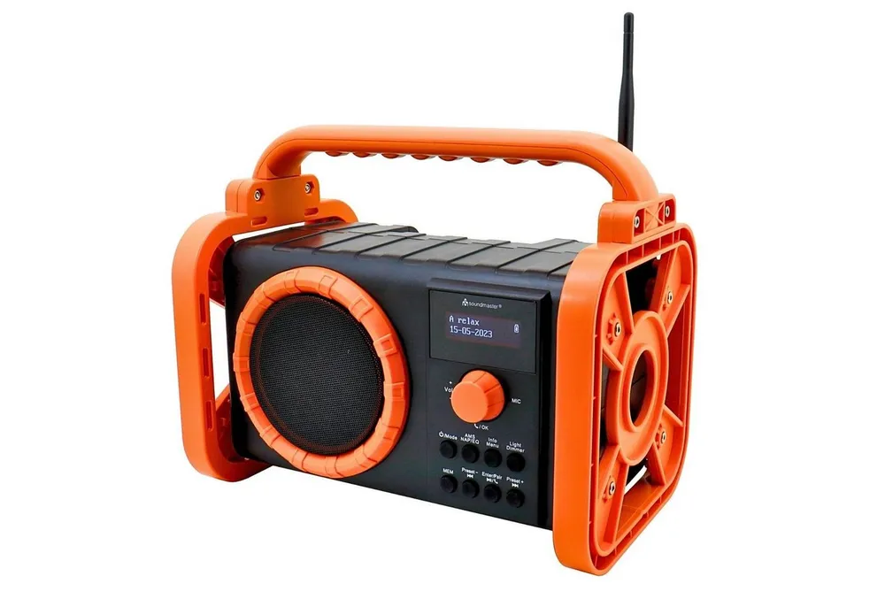 Soundmaster DAB80OR Baustellenradio DAB+ Bluetooth Akku IP44 spritzwassergeschützt Baustellenradio (DAB+, MW, PLL-UKW, FM, 5 W, Baustellenradio, ABS-Gehäuse, IP44 Spritzwasserschutz, LED Lampe, Akku)