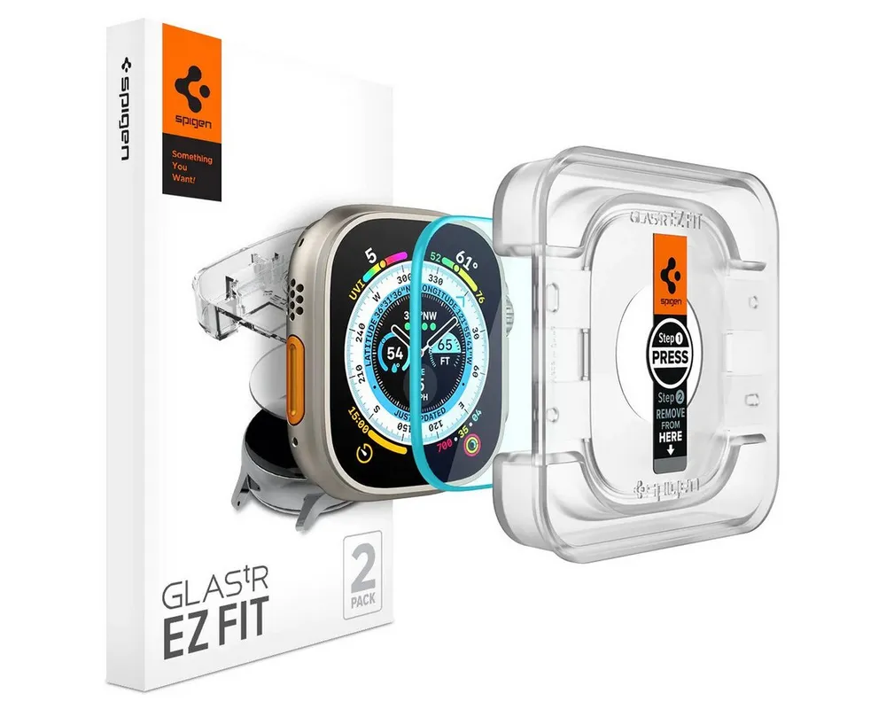 Spigen Displayschutzfolie 2x Panzerglas für Apple Watch Ultra 3/2/1 Panzerfolie Schutzglas 49mm, 2 Stück, Tempered Glass, Anti-Fingerabdruck, Case Friendly, Hartglas
