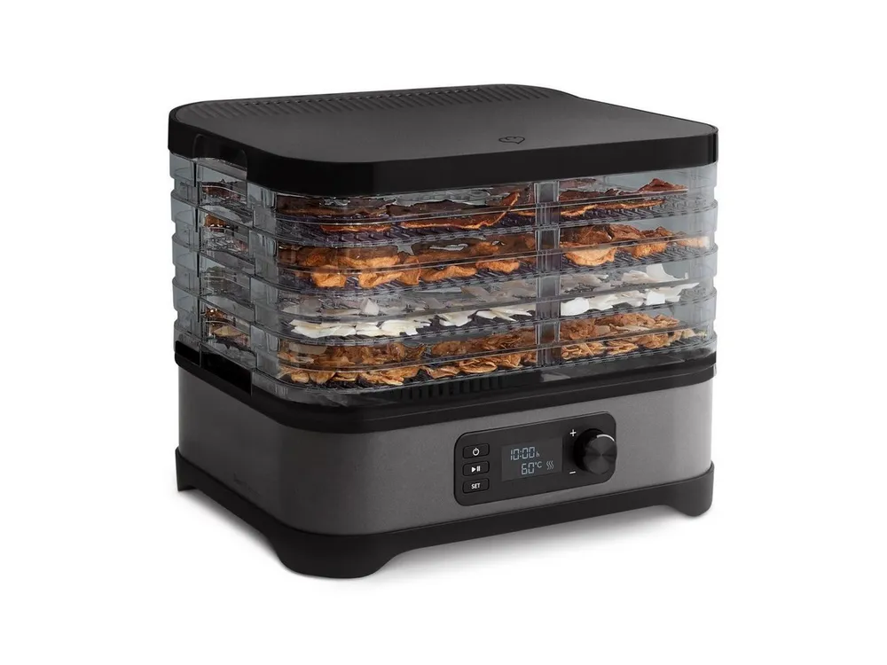 Springlane Dörrautomat Dora aus Edelstahl für Obst, Fleisch und Kräuter 400,00 W, LCD-Display, Spühlmaschinengeeignet, höhenverstellbare Dörrebenen