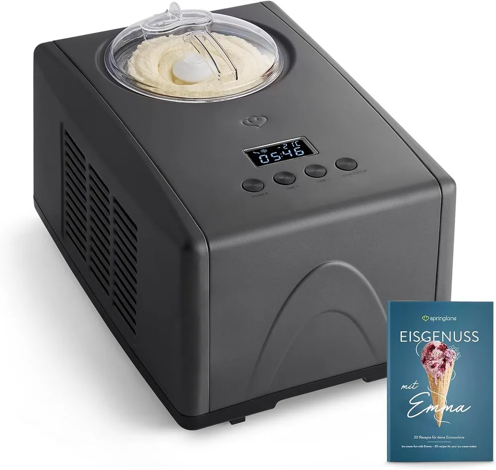 Springlane Eismaschine Emma 1,5 L mit selbstkühlendem Kompressor, aus Edelstahl, 1,50 l, 150,00 W, Eiscreme, Sorbet, Frozen Joghurt, inkl. Rezeptheft