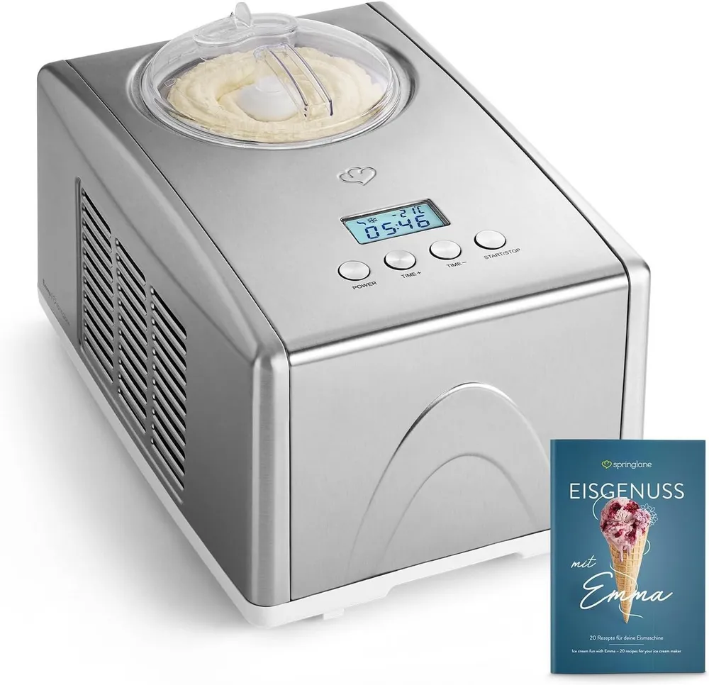 Springlane Eismaschine Emma 1,5 L mit selbstkühlendem Kompressor, aus Edelstahl, 1,50 l, 150,00 W, Eiscreme, Sorbet, Frozen Joghurt, inkl. Rezeptheft