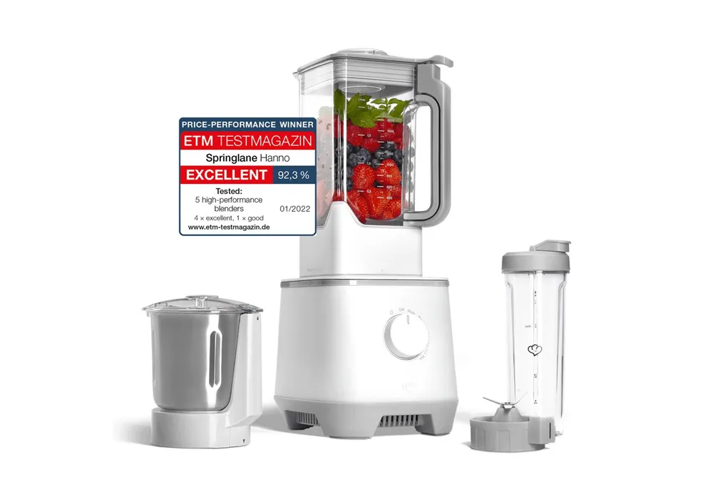 Springlane Standmixer Hochleistungsmixer Hanno - Mixer für Smoothies & mehr, 2000 W, inkl. Edelstahlmixbehälter & To-Go-Mixflasche