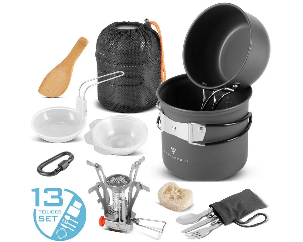 STAHLWERK Gaskocher Camping Kochgeschirr Alu Campinggeschirr Gaskocher Outdoor Set, (Set, Set), mit Topf, Pfanne, Gaskocher, Plastikschalen und Besteck