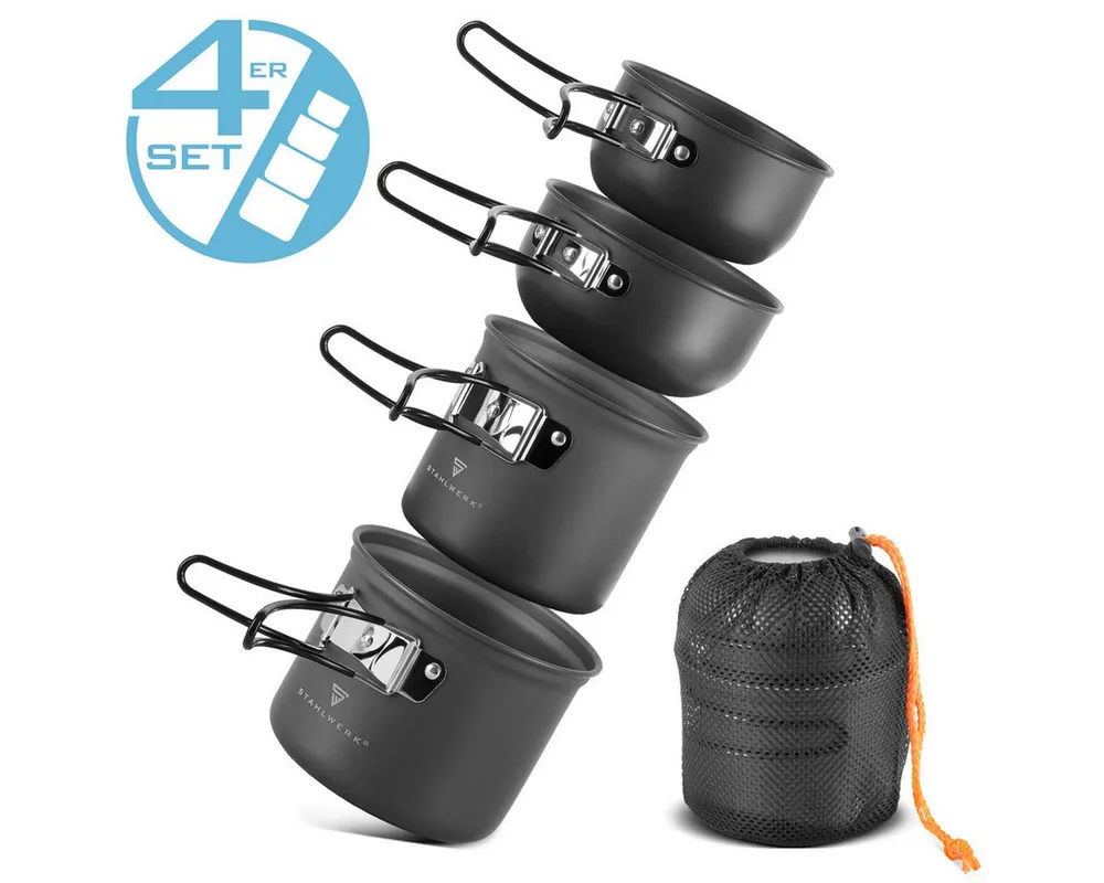 STAHLWERK Gaskocher Camping Kochtopf-Set 4-teilig aus AluminiumOutdoor Kochgeschirr, (4-St), gefertigt aus leichtem Aluminium