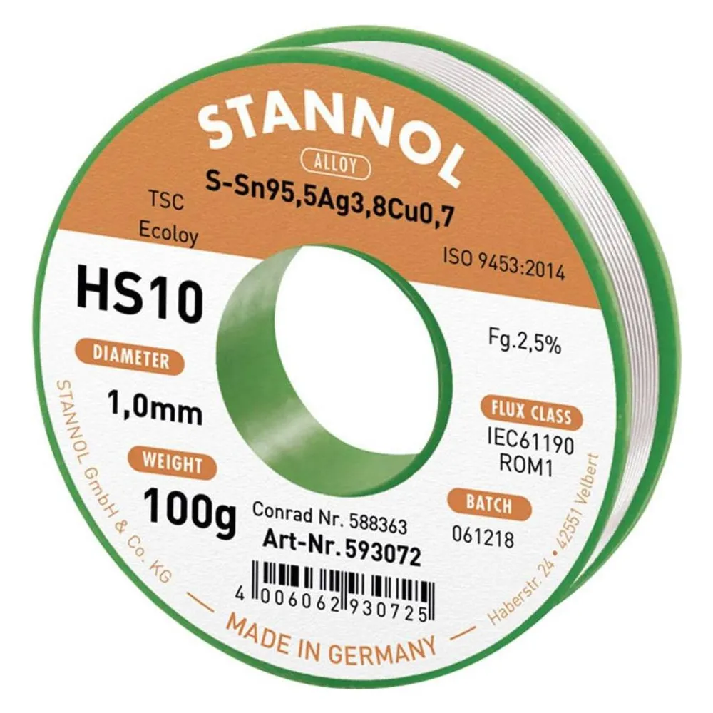 Stannol HS10 2510 Lötzinn, bleifrei Spule Sn95,5Ag3,8Cu0,7 ROM1 100 g 1 mm