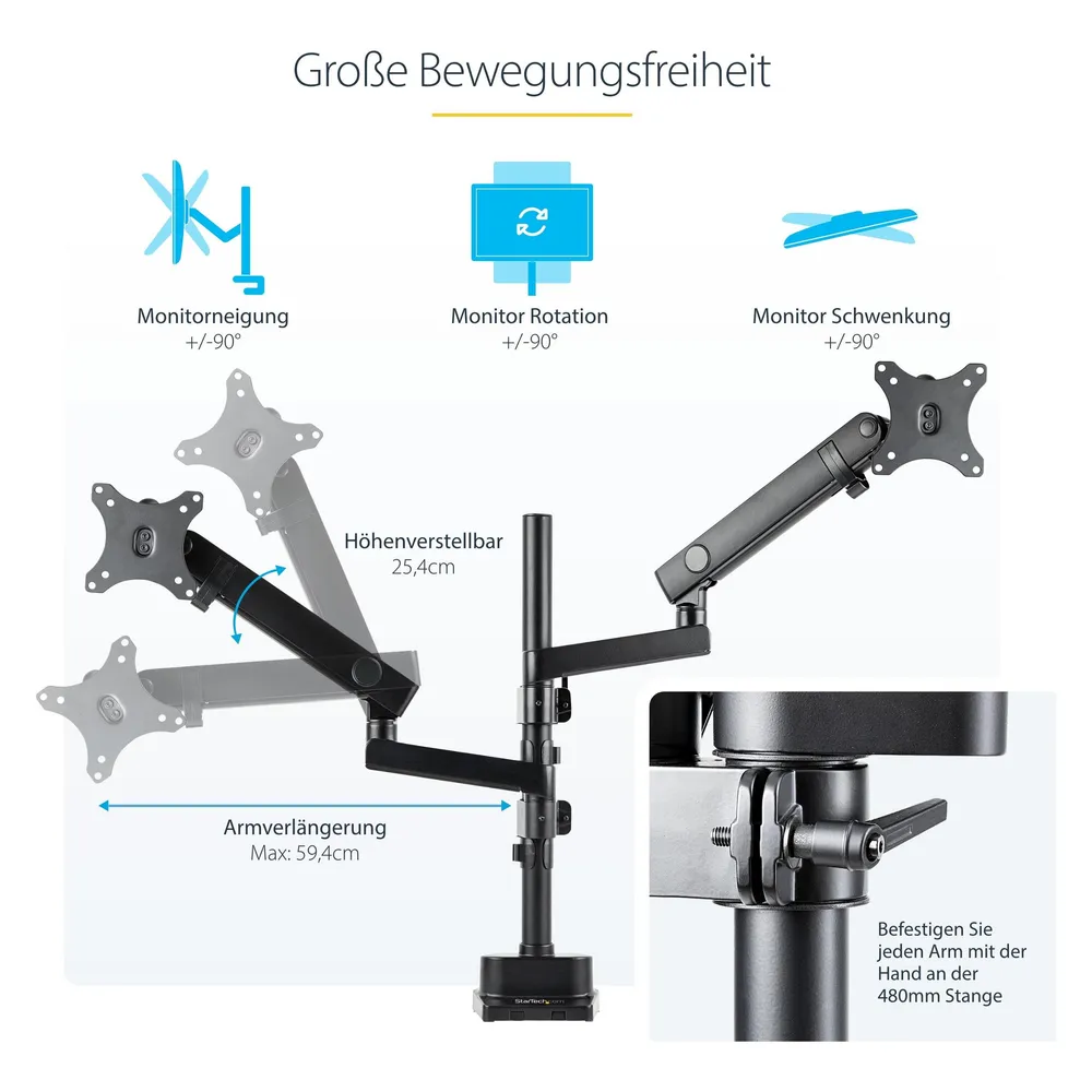 StarTech com ARMDUALPIVOT, Klemme, 16 kg, 81,3 cm