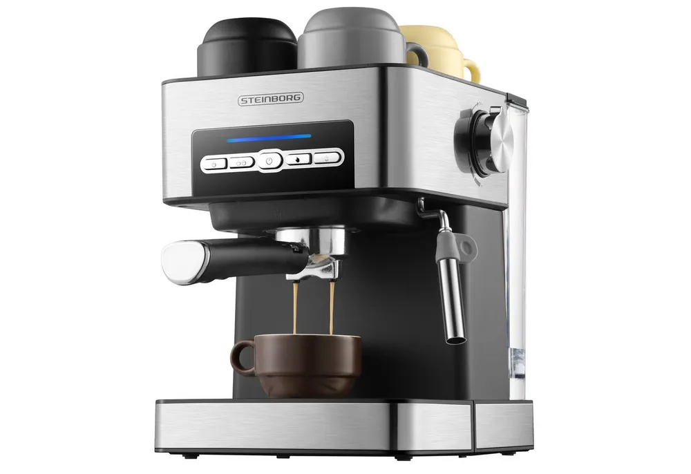 STEINBORG Espressomaschine, Edelstahlfilter, Edelstahl Design, 15 bar, Milchaufschäumer