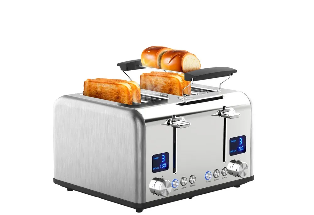 STEINBORG Toaster SB-2080, 4 kurze Schlitze, für 4 Scheiben, 1630 W, Edelstahl Gehäuse,Brötchenaufsatz,Krümelschublade,2xDigitales Display