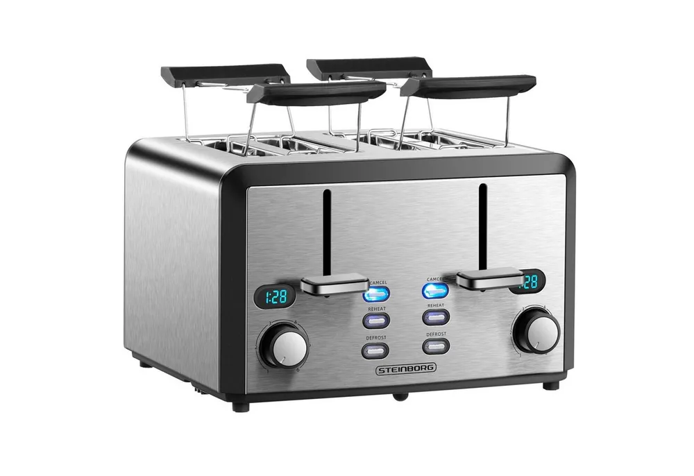 STEINBORG Toaster SB-2210, 4 kurze Schlitze, für 4 Scheiben, Edelstahl Gehäuse,Brötchenaufsatz,Krümelschublade,LED Display