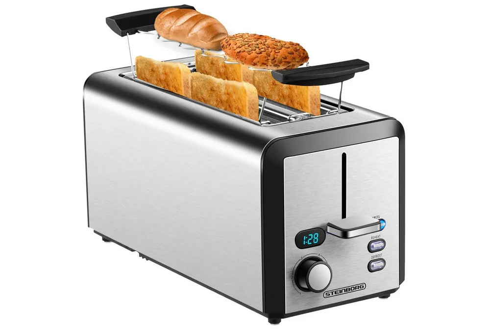 STEINBORG Toaster SB-2211, 2 lange Schlitze, für 4 Scheiben, 1500 W, Edelstahl Gehäuse,Brötchenaufsatz,Krümelschublade,LED Display