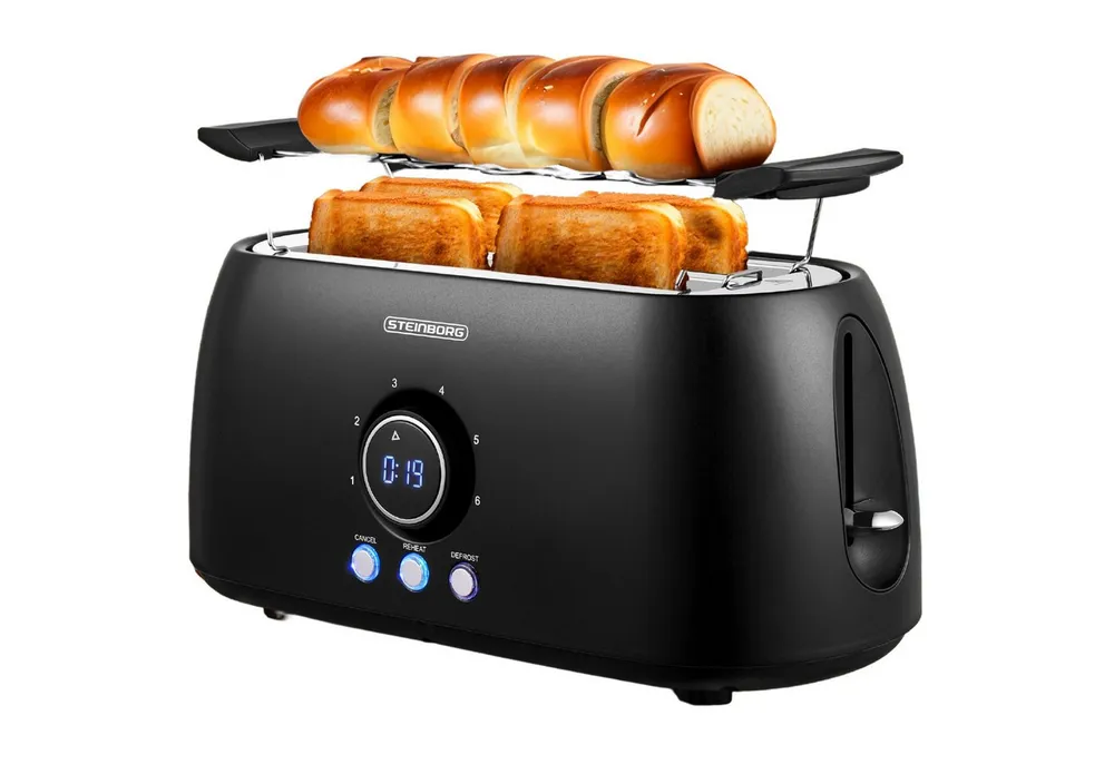 STEINBORG Toaster SB-2212, 2 lange Schlitze, für 4 Scheiben, 1500 W, Edelstahl Gehäuse,Brötchenaufsatz,Krümelschublade,LED Display