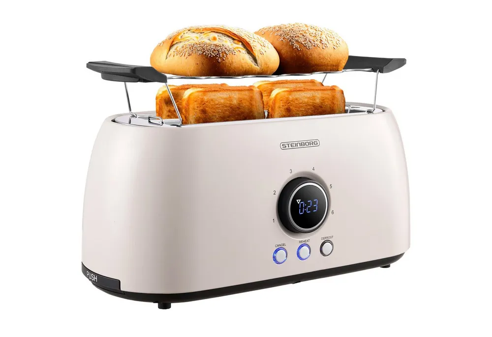 STEINBORG Toaster SB-2214, 2 lange Schlitze, für 4 Scheiben, 1500 W, Edelstahl Gehäuse,Brötchenaufsatz,Krümelschublade,LED Display