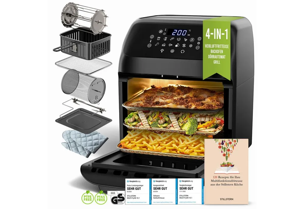 Stillstern Heißluftfritteuse, 1800 W, 12L mit 12 Kochprogramme, Vorheizen & Warmhalten