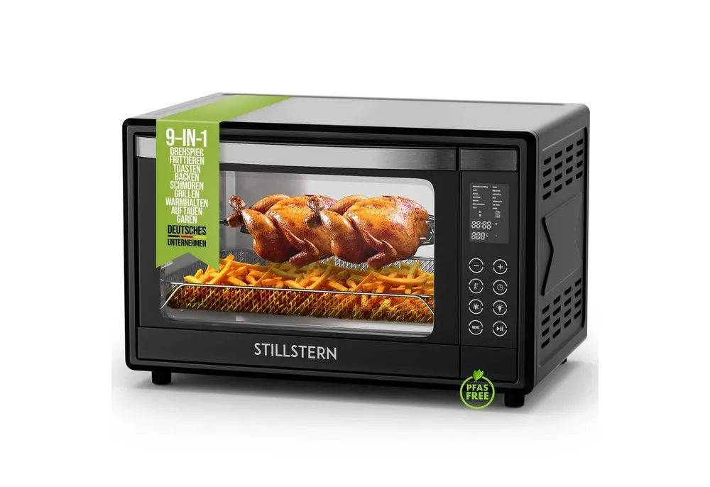 Stillstern Minibackofen MB35-LED 2G (35L) Deutsche Version, Ofenhandschuhe, Rezeptheft, Drehspieß, Timer, Innenbeleuchtung