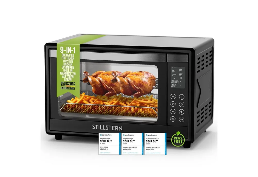 Stillstern Minibackofen MB45-LED 2G (45L) Deutsche Version, Ofenhandschuhe, Rezeptheft, Drehspieß, Timer, Innenbeleuchtung