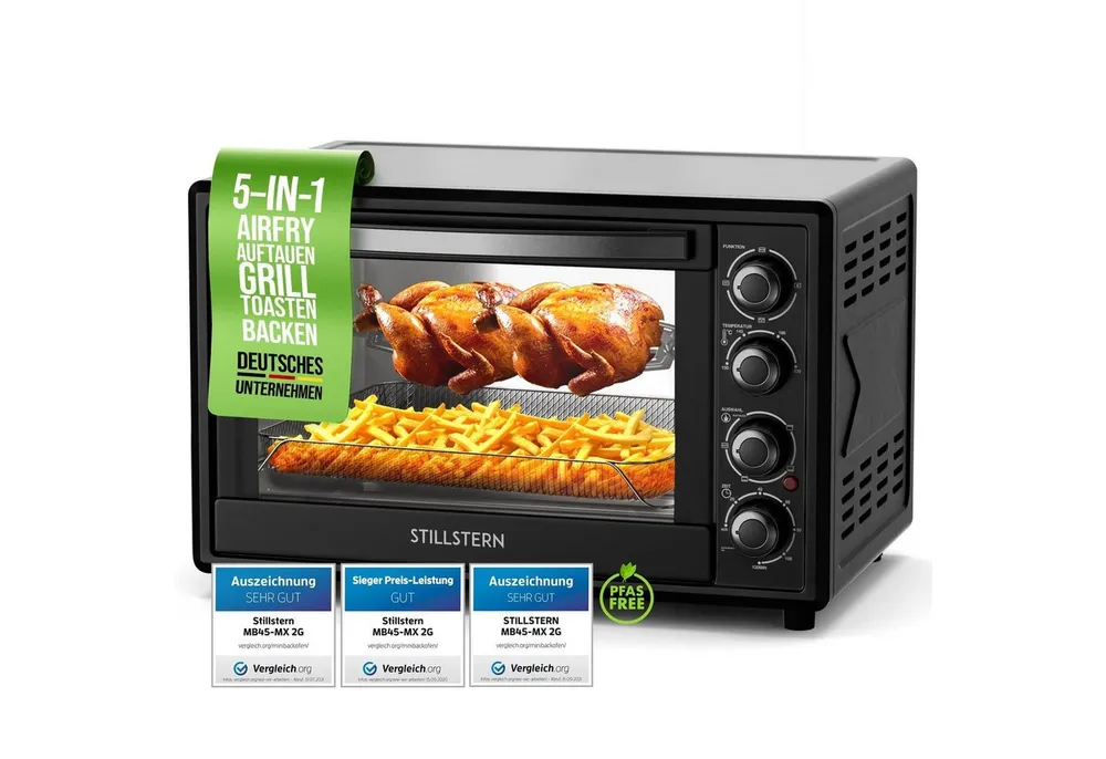 Stillstern Minibackofen MB45-MX 2G (45L) Deutsche Version, Ofenhandschuhe, Rezeptheft, Drehspieß, Timer, Innenbeleuchtung