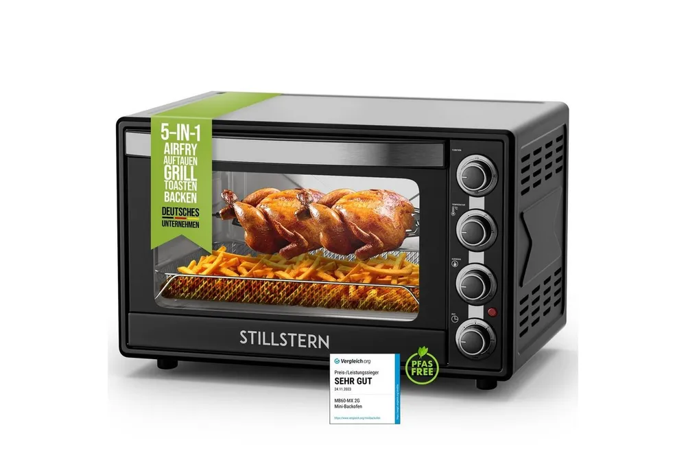 Stillstern Minibackofen MB60-MX 2G (60L) Deutsche Version, Ofenhandschuhe, Rezeptheft, Drehspieß, Timer, Innenbeleuchtung