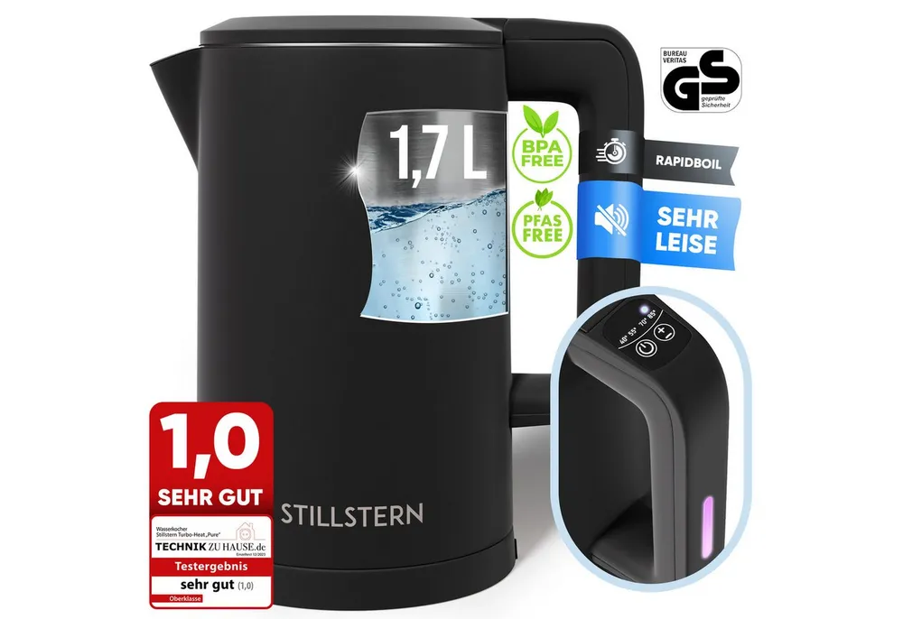 Stillstern Wasserkocher Wasserkocher 1,7L, Schnelles Aufkochen, mit Temperatureinstellung, 1.7 l, 2200 W, 2200W, 12 Std. Warmhaltefunktion, Leise