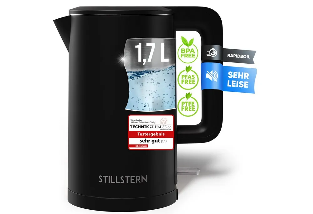 Stillstern Wasserkocher Wasserkocher 1,7L, schnelles Aufkochen, doppelwandig, 1.7 l, 2200 W, Anti Fingerprint, 2200W, Leise